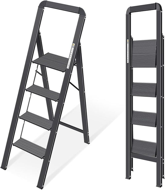 KINGRACK Aluminium 4 Step Ladder, Lightweight Step Stool with Non-Slip Pedals, Handrail, Foldable Step Ladder for Kitchen, Garage, Home, Space Saving, Sturdy and Portable, Black