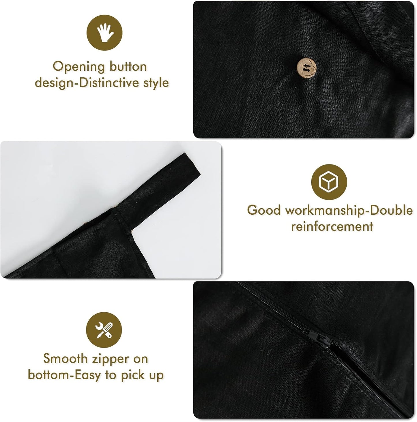 Linen Hanging Laundry Bag, 100% Linen Over The Door Laundry Hamper with Buttons and Zipper, Space Saving Door Hampers for Laundry Dirty Clothes Home Travel, Black