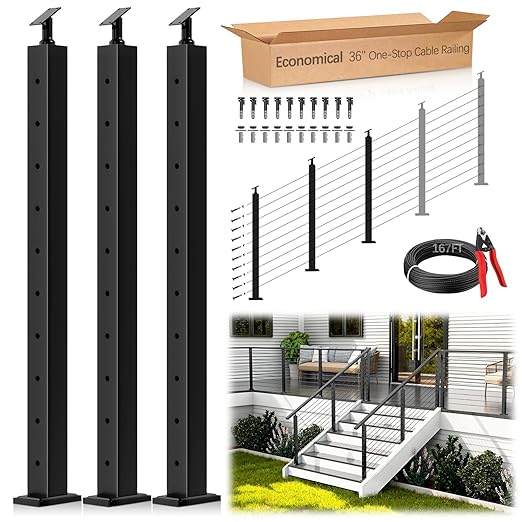 3 Pack Economical Stair Cable Railing Post Kits 36", Stainless Steel T304 Deck Stair Railing System with Swageless Tensioner, Upgraded Black Powder Coated Stairway Post Kits with DIY Length