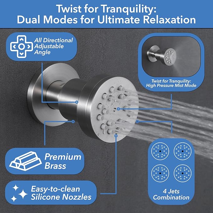 VANFOXLE Shower Faucet Set Brushed Nickel Shower System,Push Button Diverter Shower Faucet with 2 in 1 Handheld,Ceiling Mount 10 Inch Shower Head with 4 PCS Dual Modes Body Jets(2 Inch)
