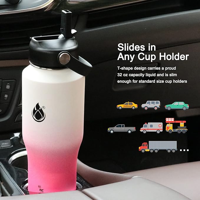 SENDESTAR Water Bottle 32oz,2 Lids(Straw lid),Wide Mouth Stainless Steel Vacuum Insulated Double Wall Keep Liquids Cold or Hot All Day,Sweat Proof Sport Design,Fit Car Cup Holder(White&Pink)