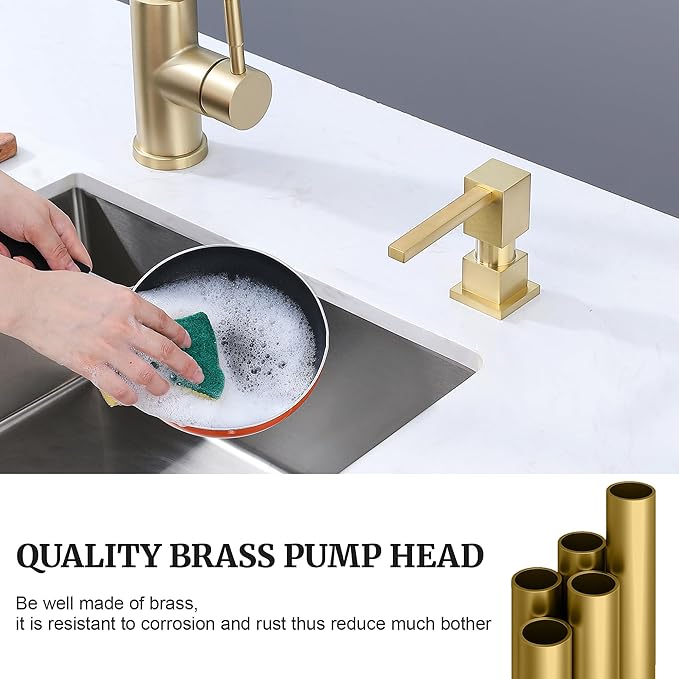 Sink Soap Dispenser for Kitchen Sink (Brushed Gold), All Brass Built-in and Refill from Top Design,Metal Hand Soap & Dish Soap Copper Pump