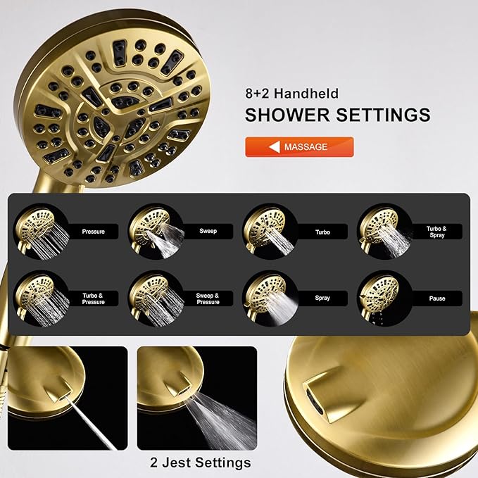 Tub Shower Faucet Combo, Brushed Gold Shower System 10 Patterns Handheld Shower Head with Tub Spout, Shower Trim Kit with Shower Head & Brass Valve