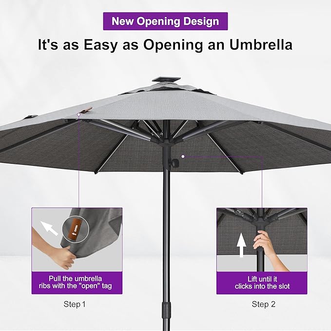 PURPLE LEAF 10 FT Semi-Auto Outdoor Patio Umbrella Market Table Sun Umbrellas with Led Lights and 8 Aluminum Sturdy Ribs for Backyard Deck Garden Pool(Gray Pole Gray Canopy)