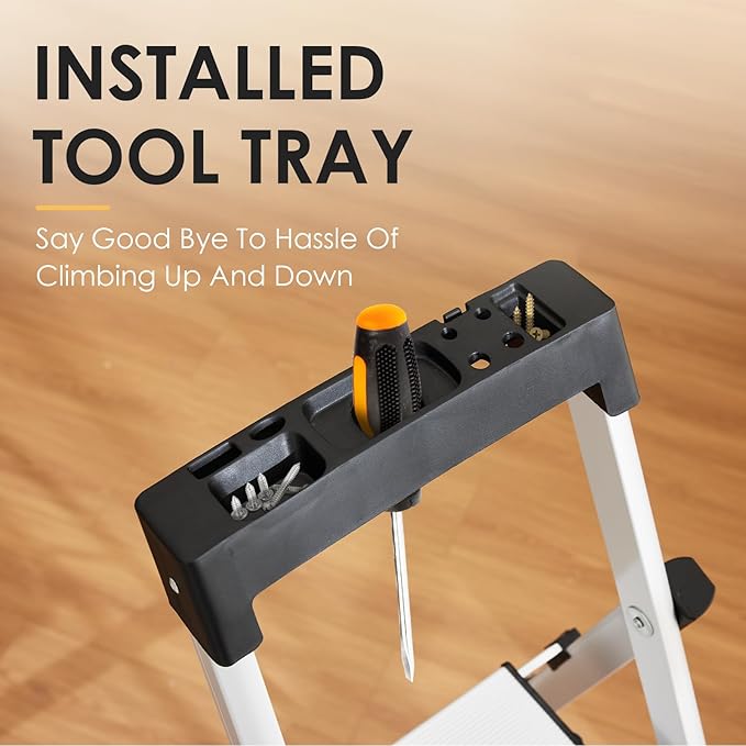 HBtower 4 Aluminum Step Ladder, Strudy Ladders for Home with Tool Tray, Anti-Slip Folding Step Stool for Adults, Light Weight Portable 330lbs Safety for Kitchen Warehouse Outdoor Work