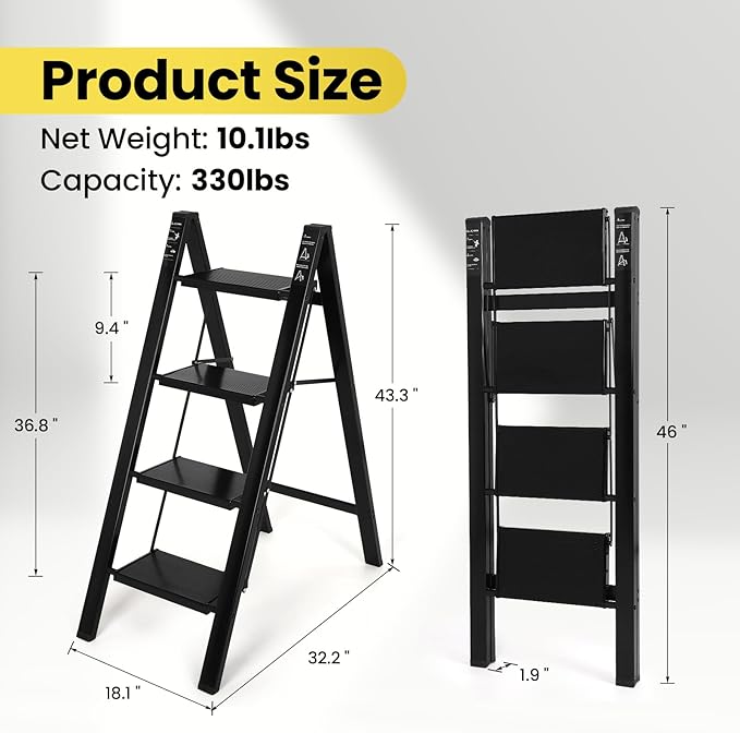 FAHKNS 4 Step Ladder, Aluminum Light Folding 4 Step Stool with Non-Slip Wide Pedal (7.9Inch), 330Lbs Capacity Stepping Stool, Step Ladder 4 Step Folding for Office,Household,Kitchen, Black