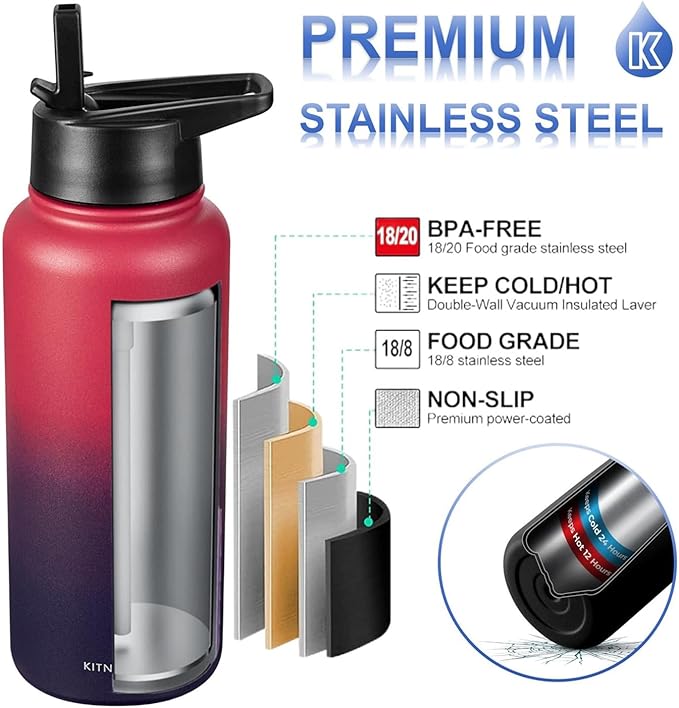 Water Bottle Insulated 32oz Straw Lid, Leak Proof, Vacuum Insulated,Stainless Steel Water Bottle Wide Mouth for Sports, Gym, BPA-Free Keep Cold 24H Hot 12H (Red Purple)