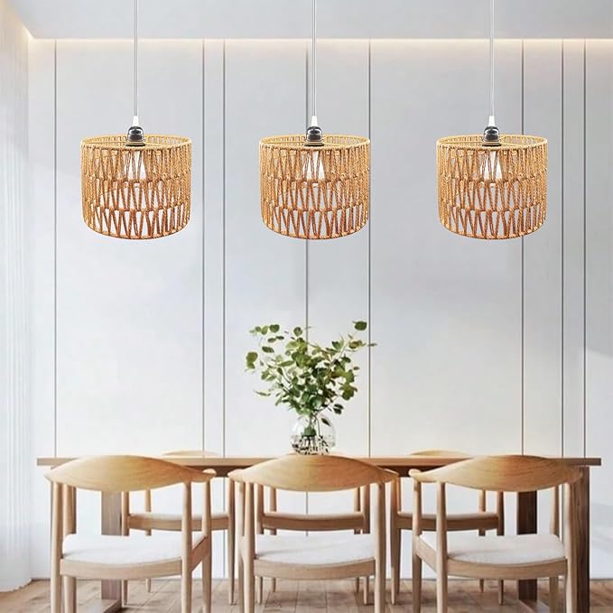 Hanging Lamp Plug in Rattan Hanging Lights with Plug in Cord, Woven Pendant Light with Smart RGB Bulb and Remote Control for Bedroom Living Room Farmhouse Kitchen (‎‎Rattan, Barrel Shade)