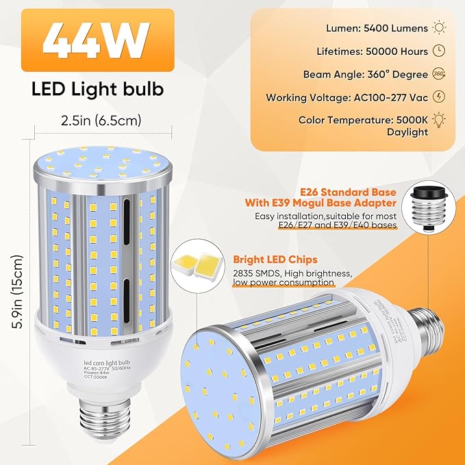 44W LED Corn Light Bulb(2 Pack),Fanless,(390 Watt Equivalent) E26/E39 Medium/Large Mogul Base LED Cob Lamp 5000K Daylight 5,900LM for Outdoor Indoor Garage Warehouse Factory Workshop Street Backyard