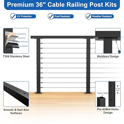 4.5FT Complete Set 36" Black Cable Railing Post Kit with Handrail Length Adjustable, 4pc Surface Mount Pre-Drilled Level Posts, Swageless Cable Railing System Kit, 250FT 1/8" Wire Rope,MY20-LP