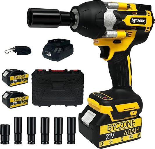 1000N.m(740Ft-lbs) Cordless Impact Wrench, 1/2 Inch High Torque Brushless 21V Impact Gun w/ 2 x 4.0Ah Battery & Fast Charger & 6 Sockets, Pistola De Impacto for Home Car Tires Truck Mower