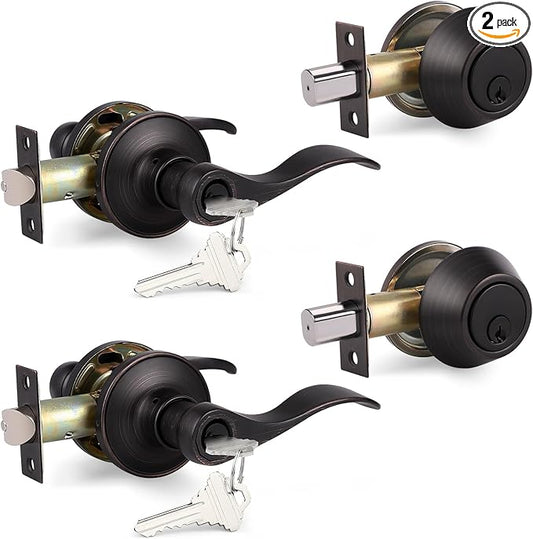 Probrico 2 Set Oil Rubbed Bronze Exterior Entry Lever and Single Cylinder Deadbolt Combo Pack, Keyed Alike Lockset Handleset for Front Door Entry Lock Set