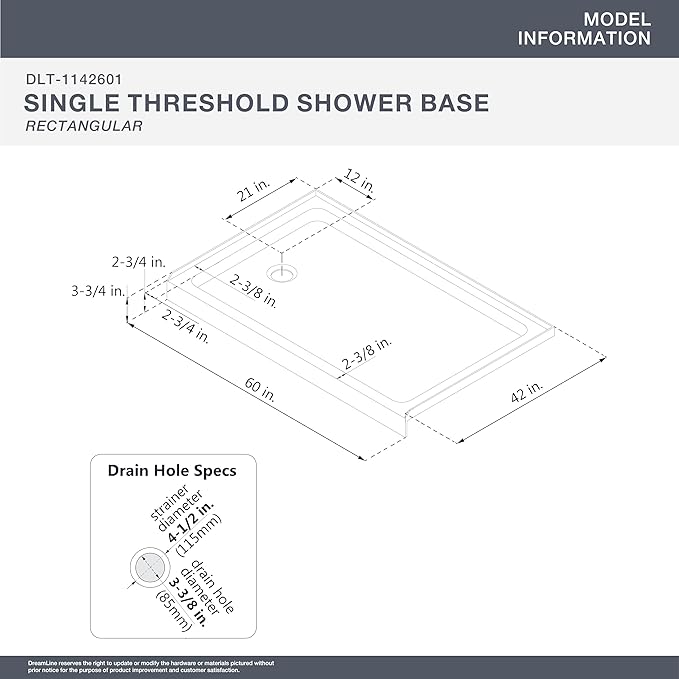 DreamLine SlimLine 42 in. D x 60 in. W x 2 3/4 in. H Left Drain Single Threshold Shower Base in White