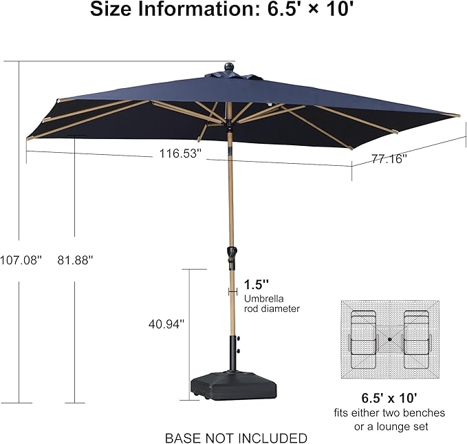 PURPLE LEAF 6.5' x 10' Patio Umbrella Outdoor Table Umbrella Aluminum Market Umbrella with Push Button Tilt & 8 Sturdy Ribs and Crank Rectangular Sun Umbrella for Pool Backyard Beach, Navy Blue