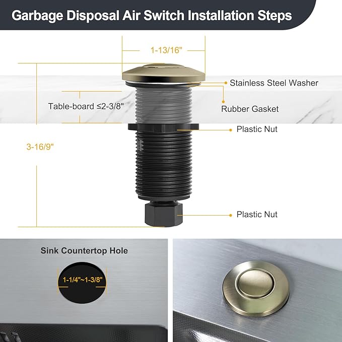 Garbage Disposal Air Switch Kit, Sink Button Food Waste Disposals Part On/Off Air Button Stainless Steel Polished (Golden Brass Brushed, LONG/3.6")