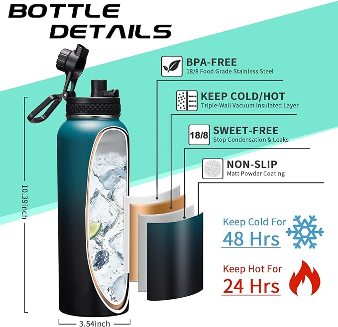 Vacuum Insulated Water Bottle 40oz - with Straw & Spout Lids, Paracord Handle, Shoulder Carrier Bag, Sport Stainless Steel , Double-wall Metal Water Bottle Thermo Hydro Mug Flask