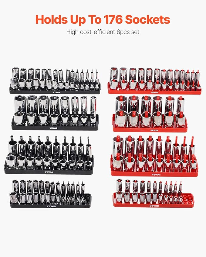 VEVOR Socket Organizer Set, 8PCS High-Rod Socket Holder, 1/4'', 3/8'' & 1/2'' Metric SAE Socket Trays with Clear Labels, Hold up to 176PCS Standard & Deep Sockets, Black & Red (Socket Not Included)
