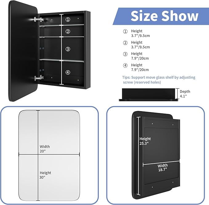 Bathroom Wood Black Cabinet with 20''x30'' Curved Mirror, Recessed Medicine Cabinet, Bathroom Storage Cabinet