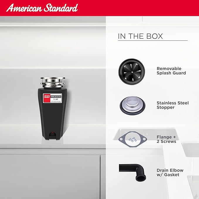 American Standard 10-US-AS-12-SL Garbage Disposal Anti-Jam Stainless Steel Food Waste Grinding System, Slim Line, 1.25 HP, Black