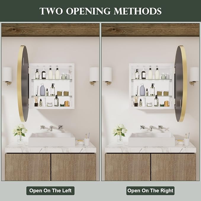 WallBeyond Bathroom Medicine Cabinet with Mirror, 24 Inch Gold Round Mirror Medicine Mabinet Wall Mounted with Aluminum Alloy Metal Framed, Surface Mount Medicine Cabinet with Storage