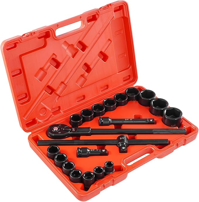VEVOR 3/4 in Drive Impact Socket Set, 21 Pieces SAE 3/4 in to 2 in, 6 Point Cr-V Alloy Steel for Auto Repair, Easy-to-Read Size Markings, Includes Extension Bars, Ratchet Handle and Storage Case