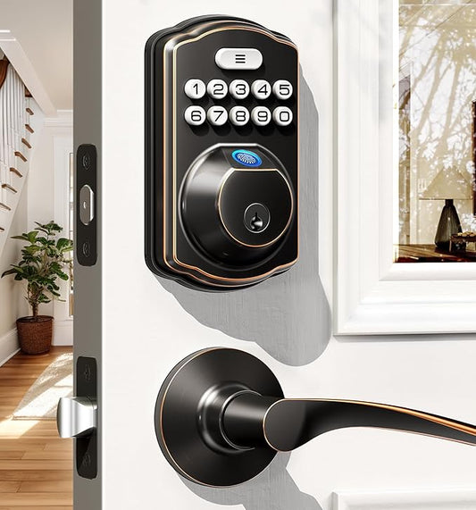Veise Fingerprint Door Lock with 2 Lever Handles - Keyless Entry Door Lock, Electronic Keypad Deadbolt, Digital Smart Code & Front Handle Sets, Auto-Locking, Easy Installation, Oil Rubbed Bronze