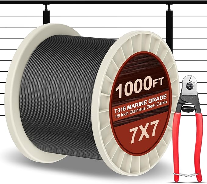 BLIKA 1000FT 1/8" Black Stainless Steel Cable with Cutter, T316 Marine Grade, Stainless Steel Wire Rope 7x7 Strand Construction, 1850lbs Breaking Strength Aircraft Cable for Deck Railing