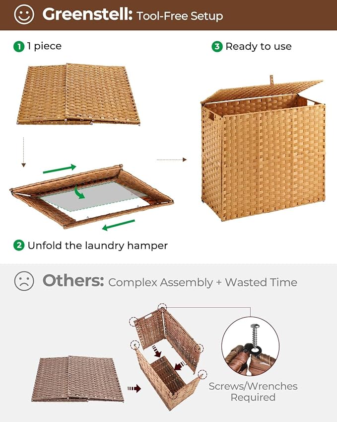 Greenstell Laundry Hamper with lid, No Install Needed, 130L Wicker Laundry Baskets Foldable 2 Removable Liner Bags, 2 Section Clothes Hamper Handwoven Rattan Laundry Basket with Handles, Natural