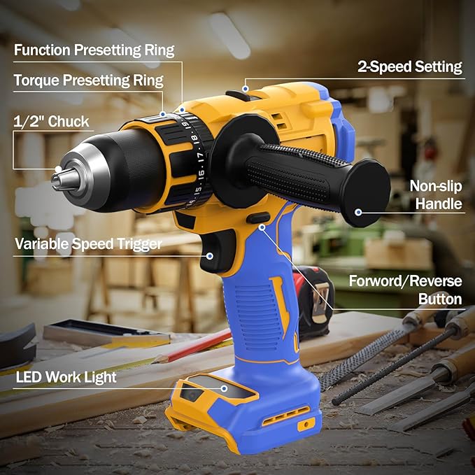 Cordless Hammer Drill Compatible with Dewalt 20V Max Battery (Tool Only) -Brushless Motor, 1/2" Keyless Metal Chuck & LED Light for Drilling Brick, Metal, Wood - Ideal for DIY