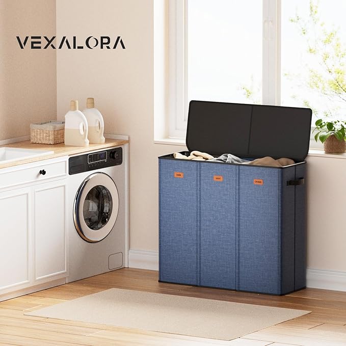 185L Laundry Hamper 3 Section, Laundry Hamper with Lid, Dirty Clothes Hamper with 3 Removable Washing Bags, Extra Large Laundry Basket Organizer for Bedroom, Laundry Room, Dorm - Navy Blue