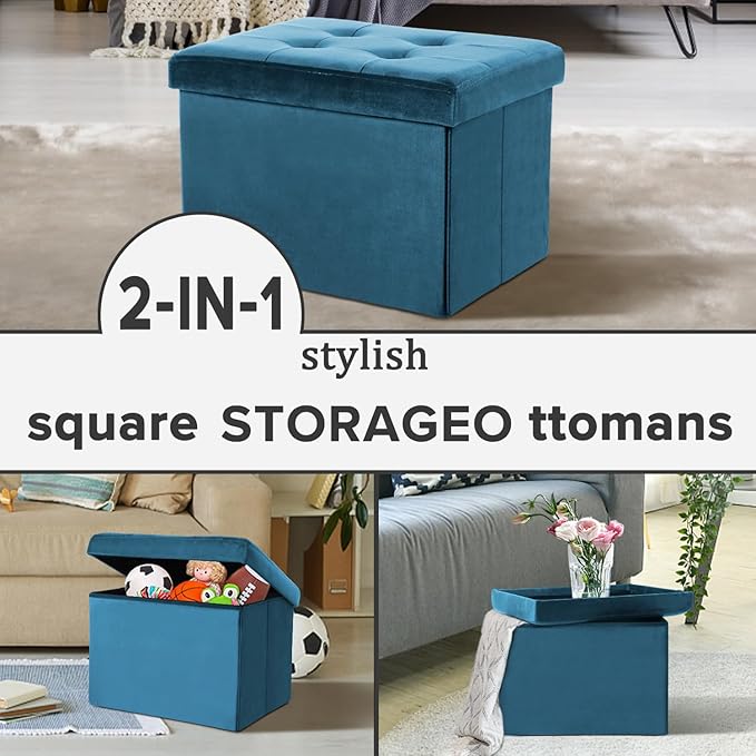 LINMAGCO Storage Ottoman Folding Foot Stool Velvet Foot Rest with Padded Modern Ottoman with Storage for Living Room Puppy Step Stool 17x13x13in(Blue)
