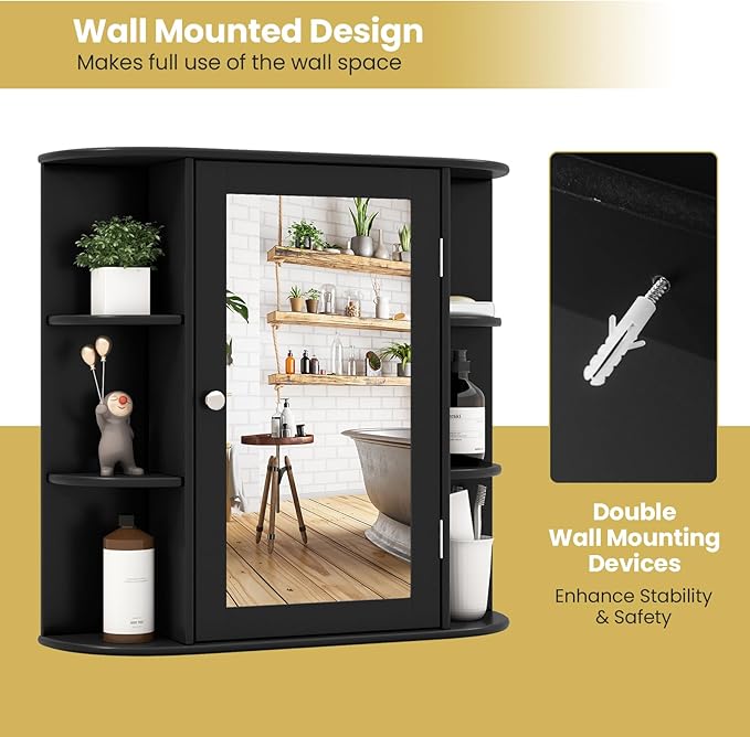 Tangkula Bathroom Medicine Cabinet with Mirror, Wall Mounted Home Storage with Door & 6 Open Shelves, Adjustable Shelves, Mirrored Bathroom Wall Cabinet (Black)