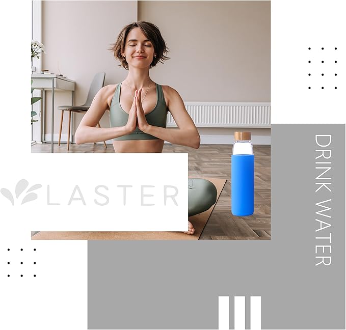 Laster Glass Water Bottle 20 Oz, 600 ml, made of Borosilicate Glass, 1 Bamboo & 1 Stainless Steel Lid, BPA Free, Non-Slip Silicone Sleeve (Ocean Blue)