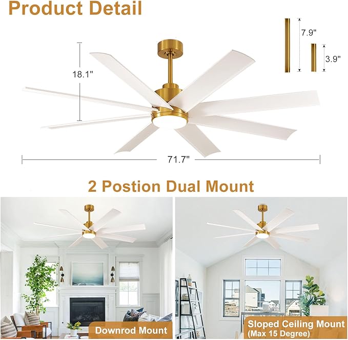 Depuley 72" Large Ceiling Fans with Lights and Remote App, Indoor Modern Ceiling Fan for Kitchen Living Room Covered Patio, 5 Speed Reversible Quiet DC Motor, 3 CCT, 8 Blades, Timer