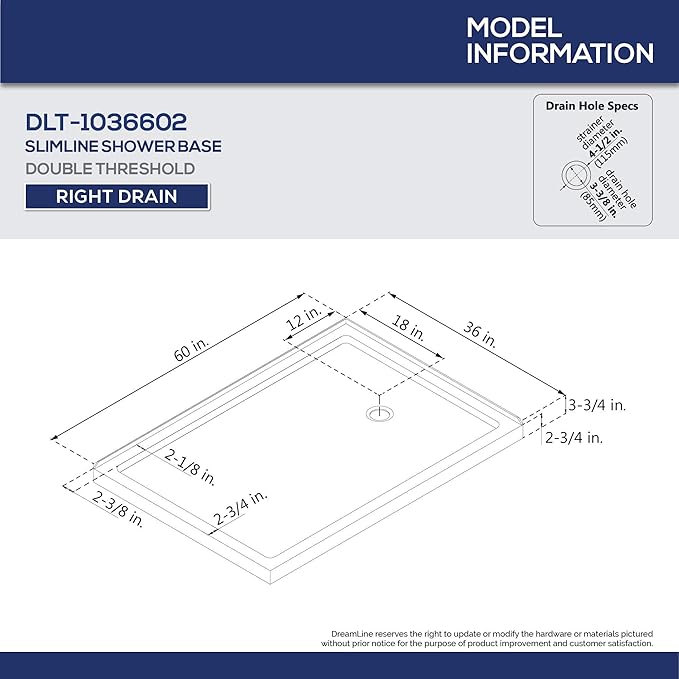 DreamLine SlimLine 36 in. D x 60 in. W x 2 3/4 in. H Right Drain Double Threshold Shower Base in White, DLT-1036602