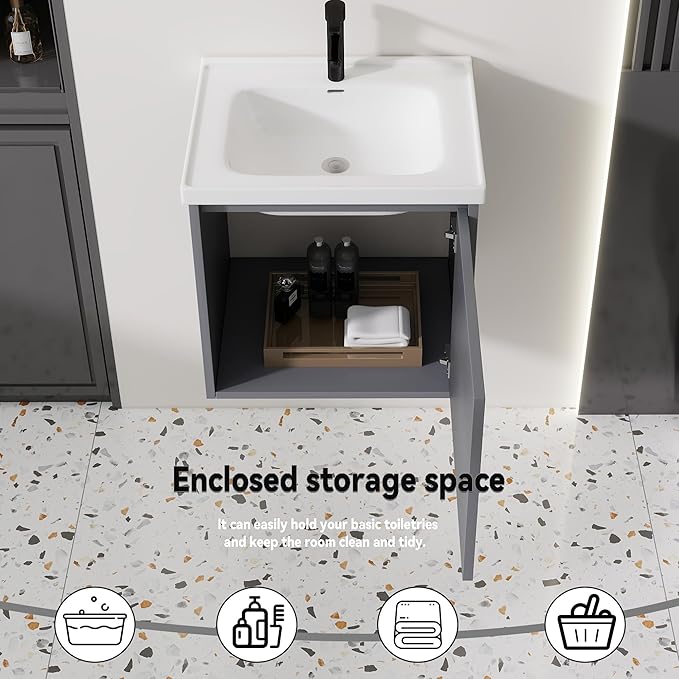 20'' Bathroom Vanity with Ceramic Sink Combo, Wall Mounted Small Bathroom Vanity with Soft-Close Door Modern Floating Cabinet, Pop-up Drain, P-Trap Included, Gray(No Faucet)