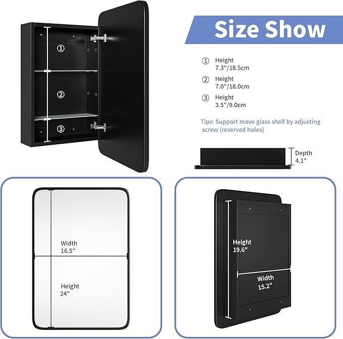 Vintage-Style Bathroom Wood Black Cabinet with 16.5''x24'' Black Metal Frame Curved Mirror, Recessed Medicine Cabinet, Bathroom Storage Cabinet