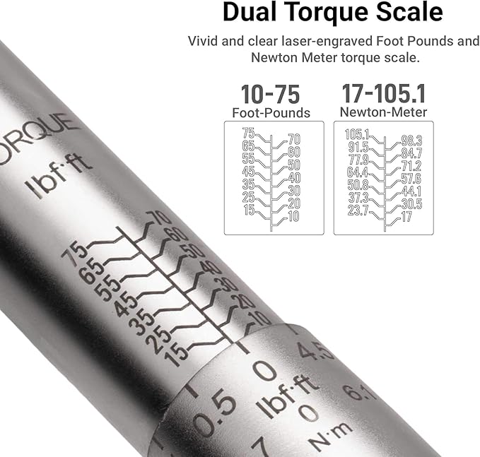 Capri Tools 31201 15-75 Foot Pound Industrial Torque Wrench Drive, 3/8" Drive, Matte Chrome