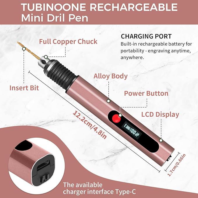 3-Speed Cordless Mini Drill Pen, Rechargeable DIY Electric Hand Drill with 10 Small Drill Bits for Jewelry Making Stone Plastic Resin Keychains-Beginner Friendly (Red Brown)