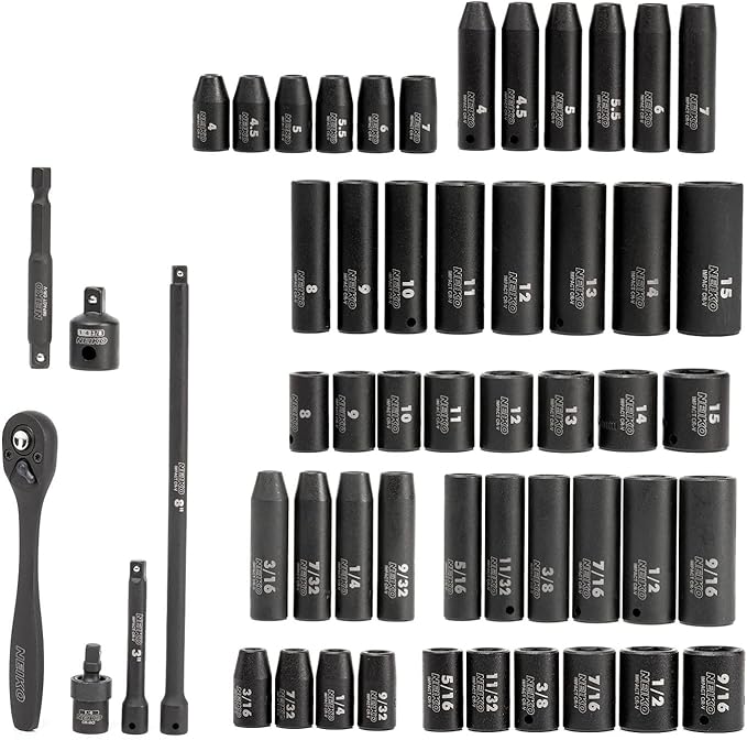 NEIKO 02437A 1/4 Drive Impact Socket Set 54 Piece Metric & Standard, Deep & Shallow Chrome Vanadium Steel 3/8” to 1/4” Reducer Hex Shank Adapter, Metric and Standard, Deep Socket Set