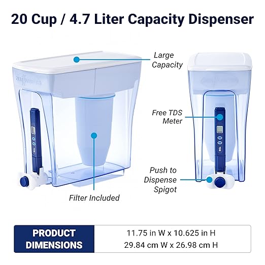 Culligan ZeroWater 20-Cup Ready-Pour 5-Stage Water Filter Dispenser with 5-Stage 0 TDS Water Filter – IAPMO Certified to Reduce Lead, Chromium, and PFOA/PFOS