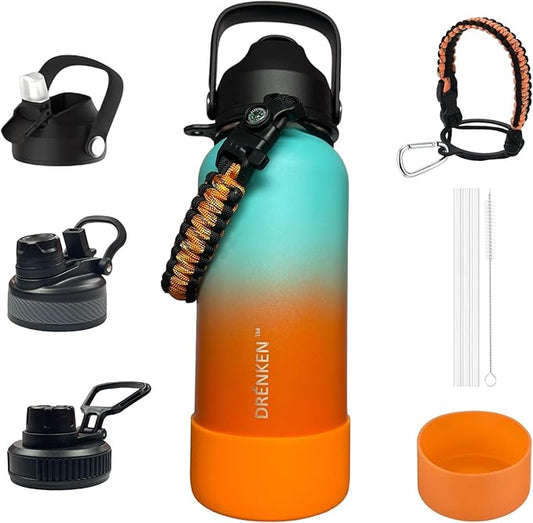 Water Bottle, Insulated water bottle, Stainless steel water bottle for kids men women Sports water bottle 32 oz Water bottle with straw Insulated Flask (Gradient Mint/Orange)