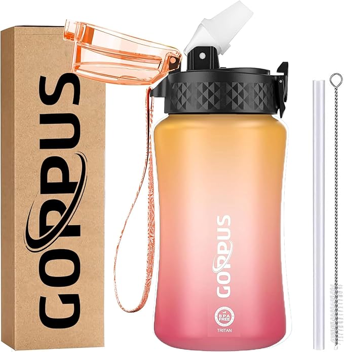 GOPPUS Kids Water Bottle with Straw Spout Lid 10pcs Stickers 12 oz Leak-proof BPA Free Motivational Time Marker Tritan Plastic Water Bottles for Girls Boys School Sports