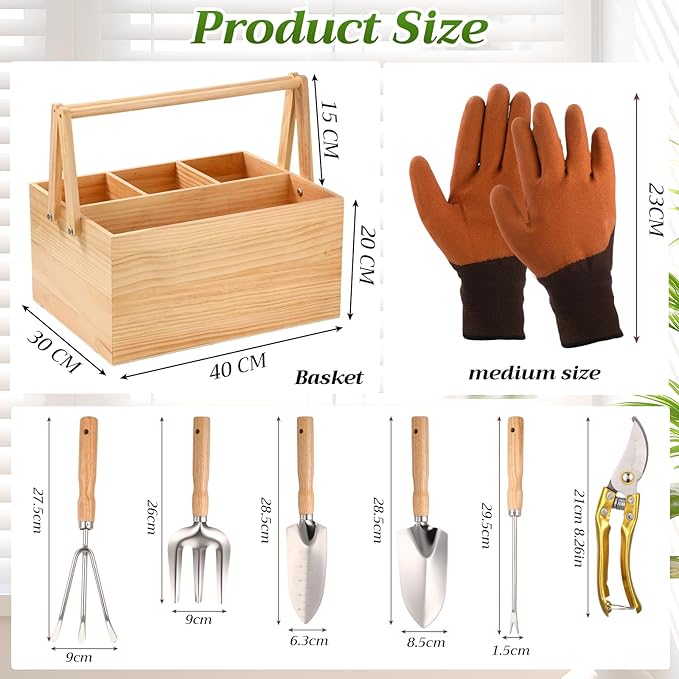 Remerry 8 Pcs Garden Tools Set with Basket Wood Stainless Steel Gardening Hand Tool, Pruning Shears, Gloves, Garden Caddy Harvest Basket Gardening Gifts Planting Supplies for Women Men