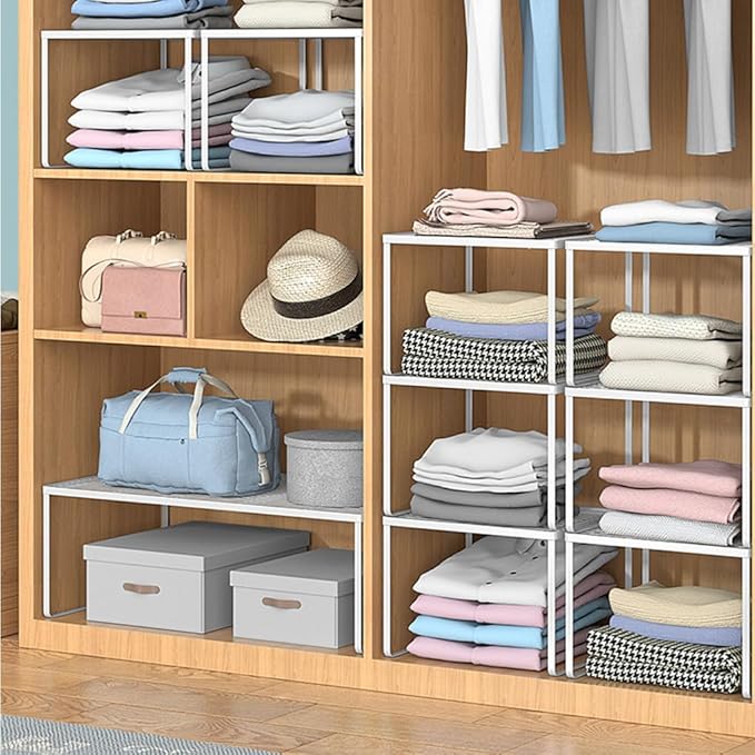 Kitchen Cabinet Storage Shelf Stackable Wire Spice Rack Organizer Heavy Duty Space Saver for Bathroom Bedroom Closet Laundry Room Office Countertop - White, Pack 1