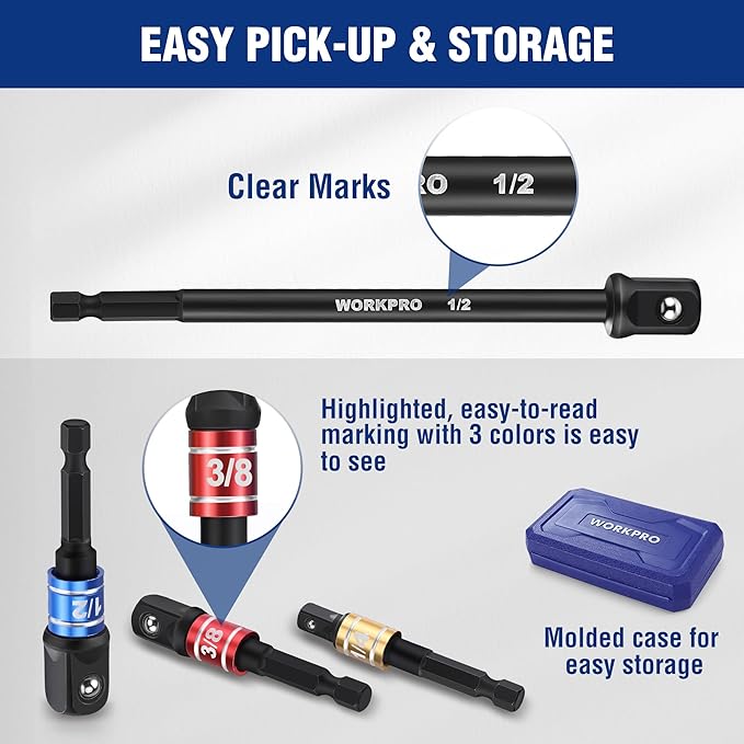 WORKPRO Impact Grade Socket Adapter Set (Basic/Swivel/Long), 1/4", 3/8", & 1/2" Drive, Extension Driver Bit With Case, for Power Drill to High Torque Impact Wrench, 9PCS