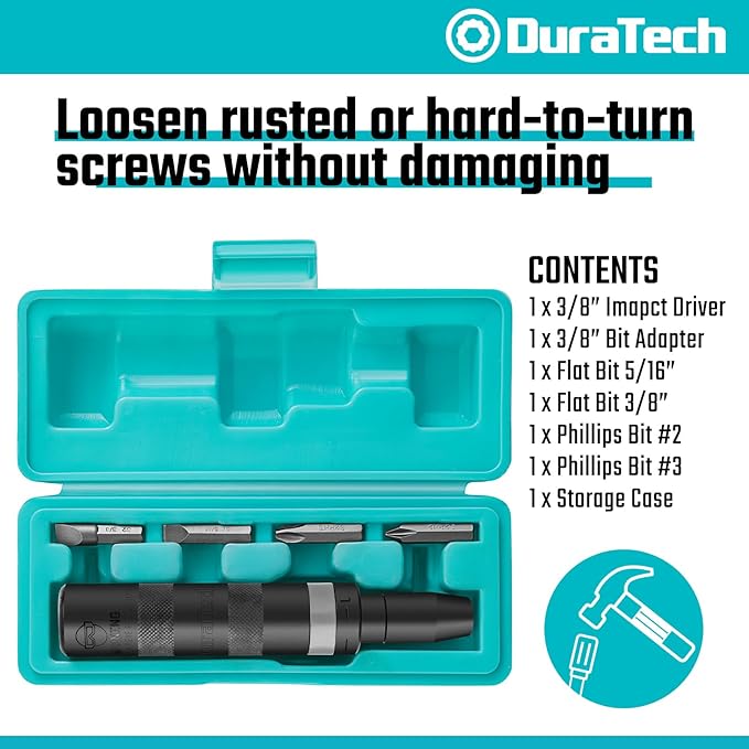 DURATECH 3/8 Inch Drive Manual Impact Driver, Reversible Hand Screwdriver Set, with S2 Steel Bits, 5-Piece, for Tighten/Rusted Fasteners, Organized in Storage Case
