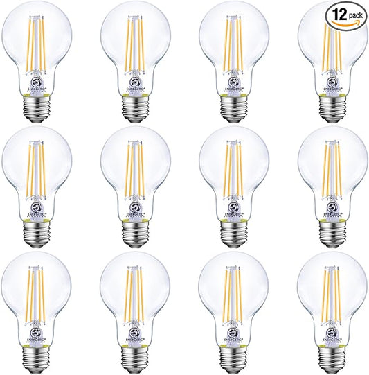 Energetic Dimmable LED Filament Light Bulbs Clear, 8W, 60 Watt Equivalent, Warm White 3000K, Classic Clear Glass, A19 LED Edison Bulb, 12 Pack