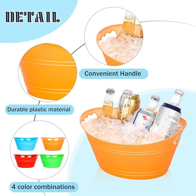 8Pcs Ice Bucket, Plastic Ice Buckets for Parties, Drink Buckets with Handles Beverage Buckets Oval Storage Plastic Tub for Wine Beer Champagne Bottles, 4.3Liter (set-1)