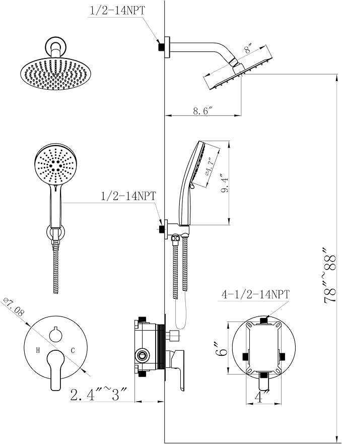Shower Faucet Set 8IN Brass Rough-In Valve Body Trim Kit Rainfall Included Handle Accessories Complete 2 Functions with Rain Head and Handheld Bathroom Systems (8 Inch Matte Black)